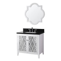 White 2-Door Vanity Base, Black Stone Veneer Top, Sink and Mirror - Evelyn