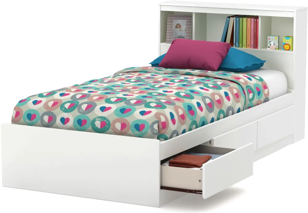 11250 Reevo White Twin Mates Bed with Bookcase Headboard - South Shore-1