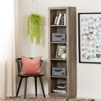 100267 Five-Shelf Weathered Oak Narrow Bookcase with 2 Baskets - Kanji
