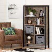 100268 Six-Shelf Weathered Oak and Black Bookcase with Baskets - Munich