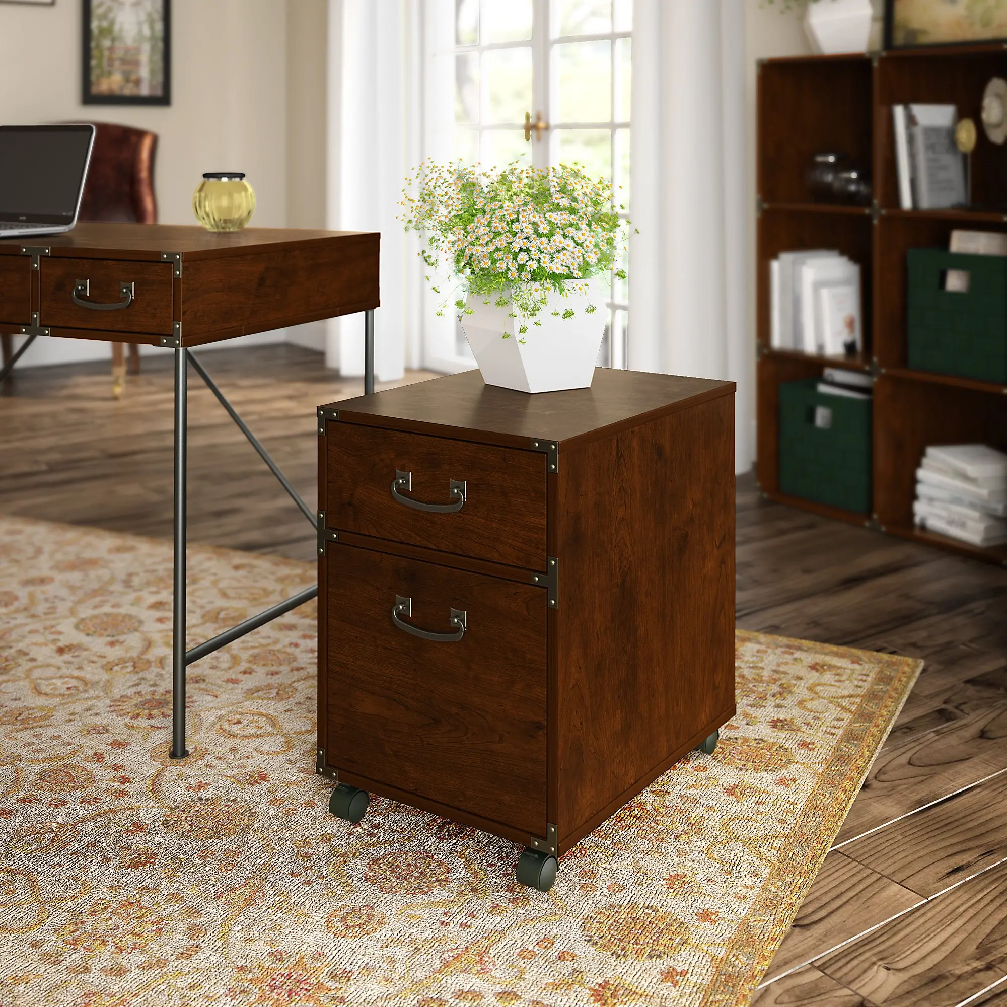 KI50202-03 Cherry 2 Drawer File Cabinet on Wheels - Ironworks-1
