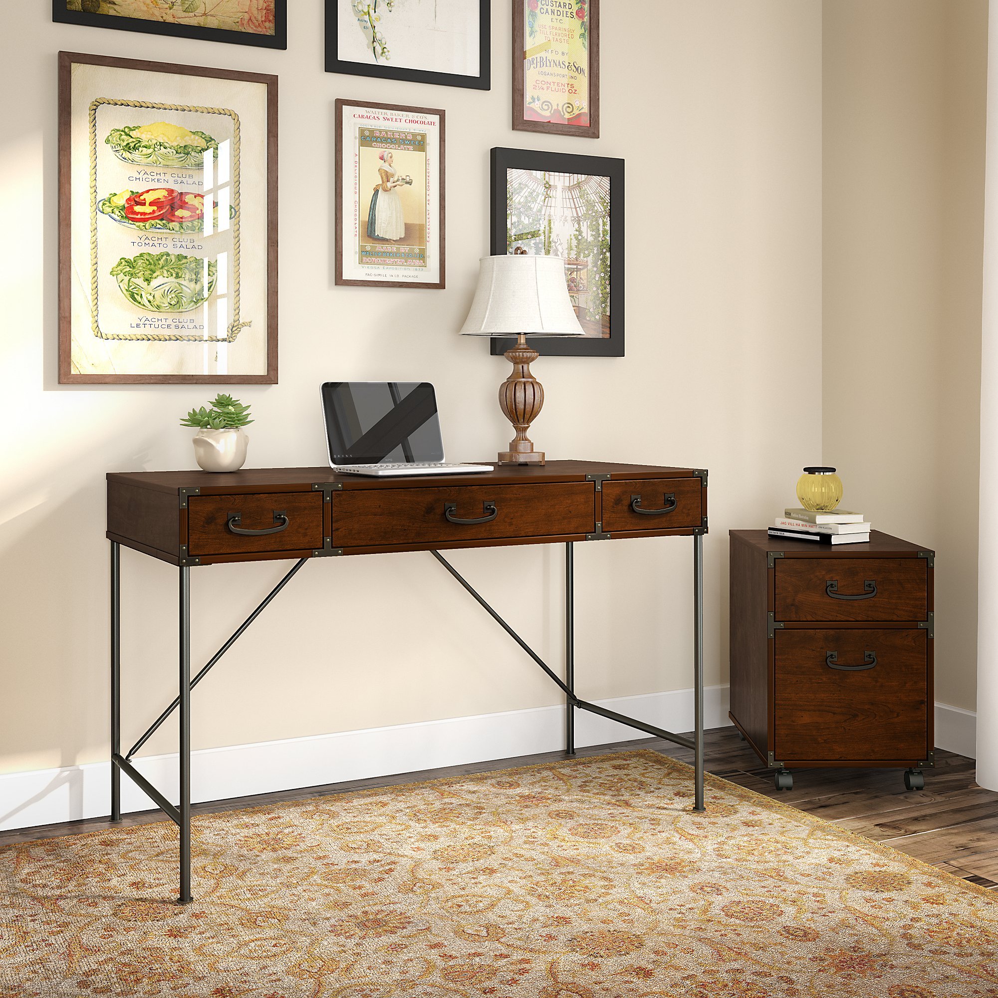 Cherry Writing Desk and 2- Drawer File Cabinet (48 Inch) - Ironworks-1