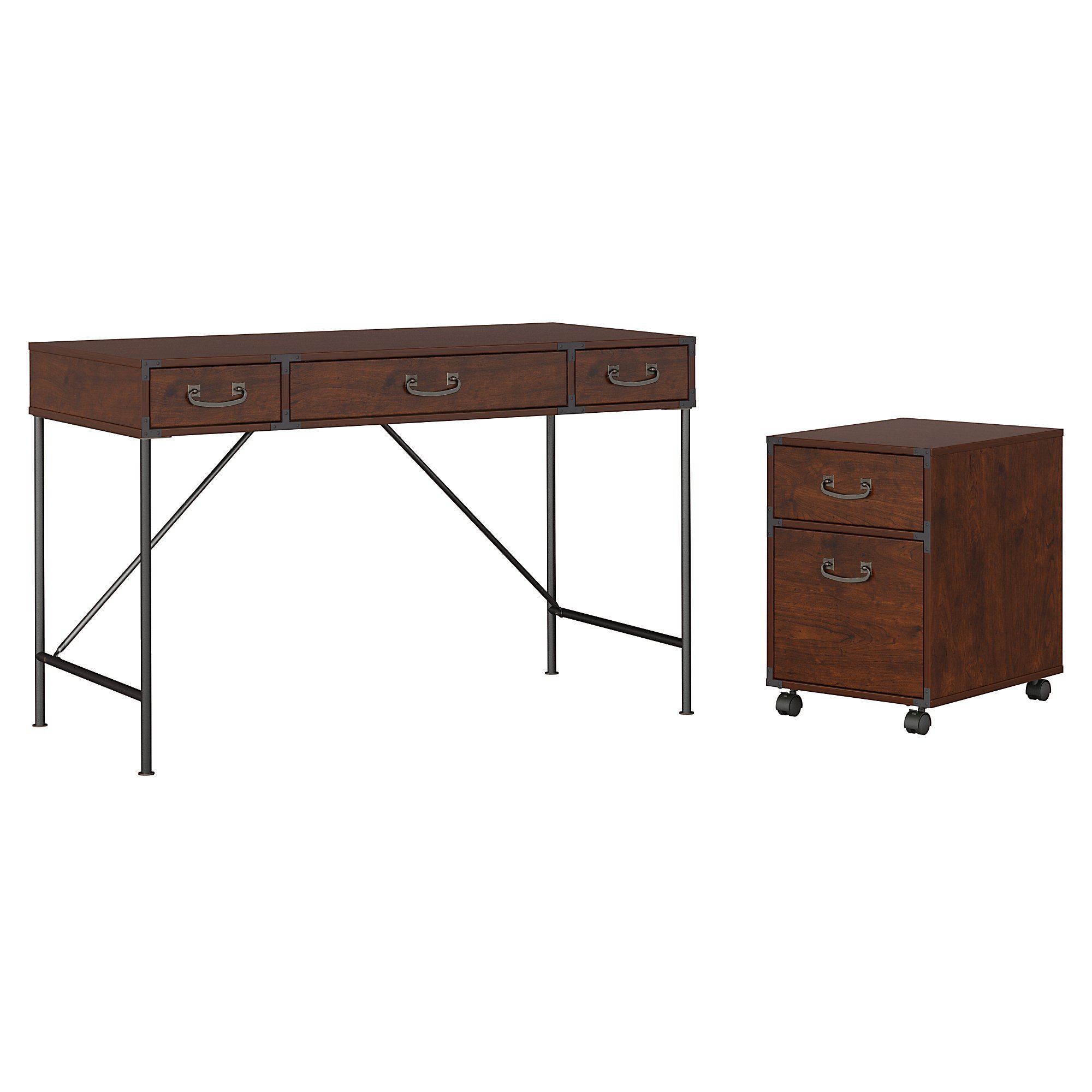Cherry Writing Desk and 2- Drawer File Cabinet (48 Inch) - Ironworks-2