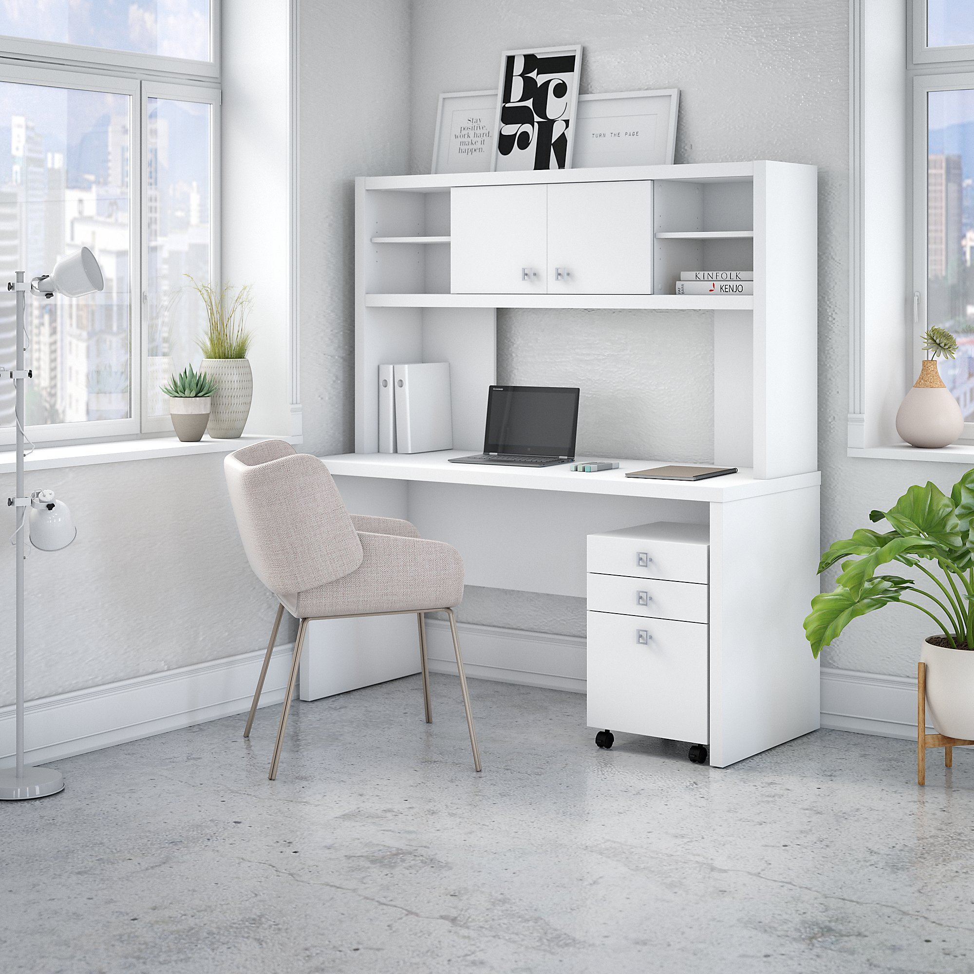 White Credenza Desk with Hutch and File Cabinet - Echo-1