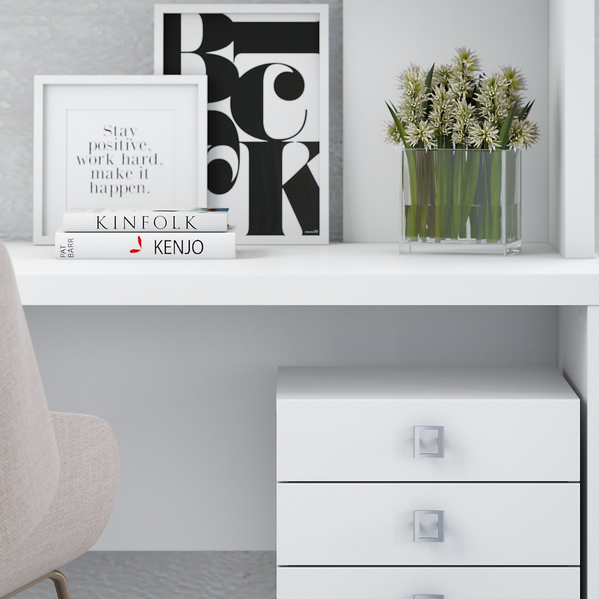 White Credenza Desk with Hutch and File Cabinet - Echo-3