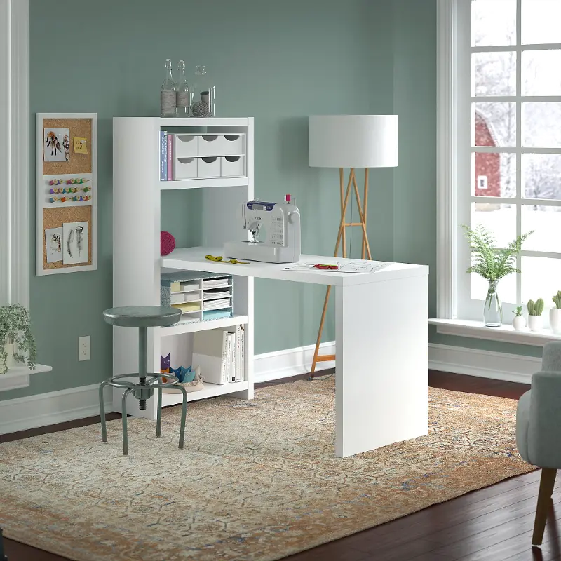 ECH023PW Eco White Craft Table and Bookcase (56 Inch) - Bush Furniture