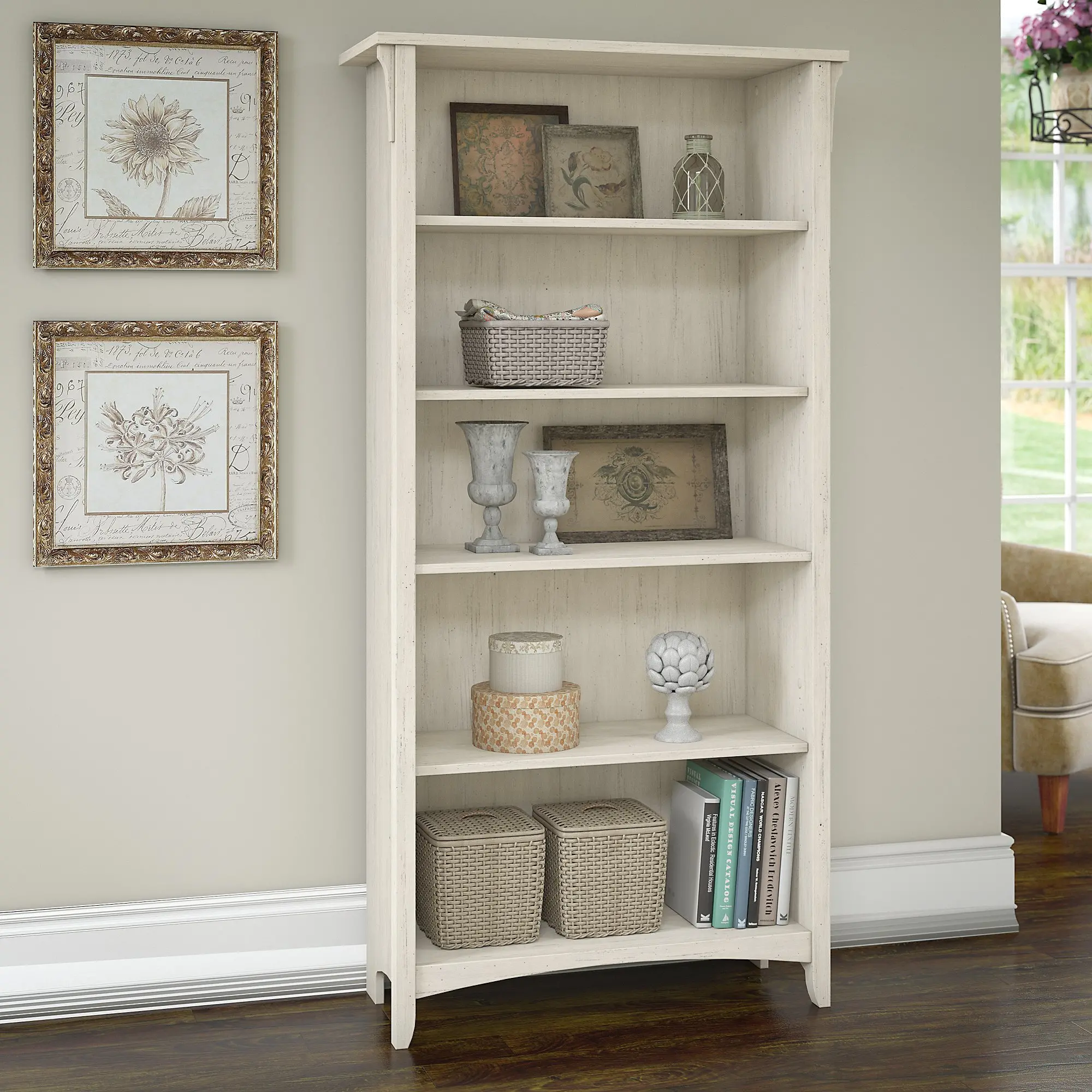 SAB132AW-03 Salinas Antique White 5-Shelf Bookcase-1