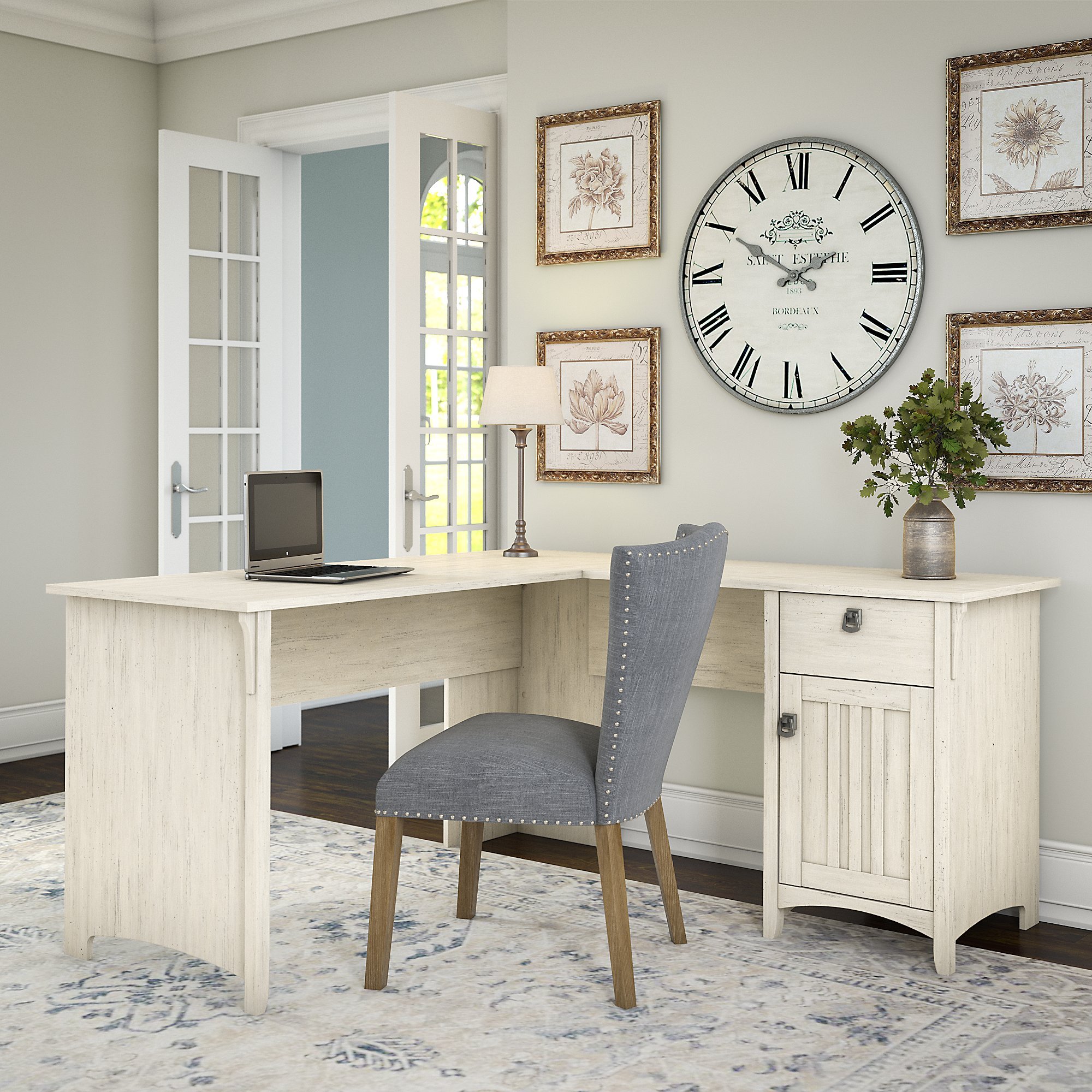 Salinas Antique White L-Shaped Desk with Storage-1