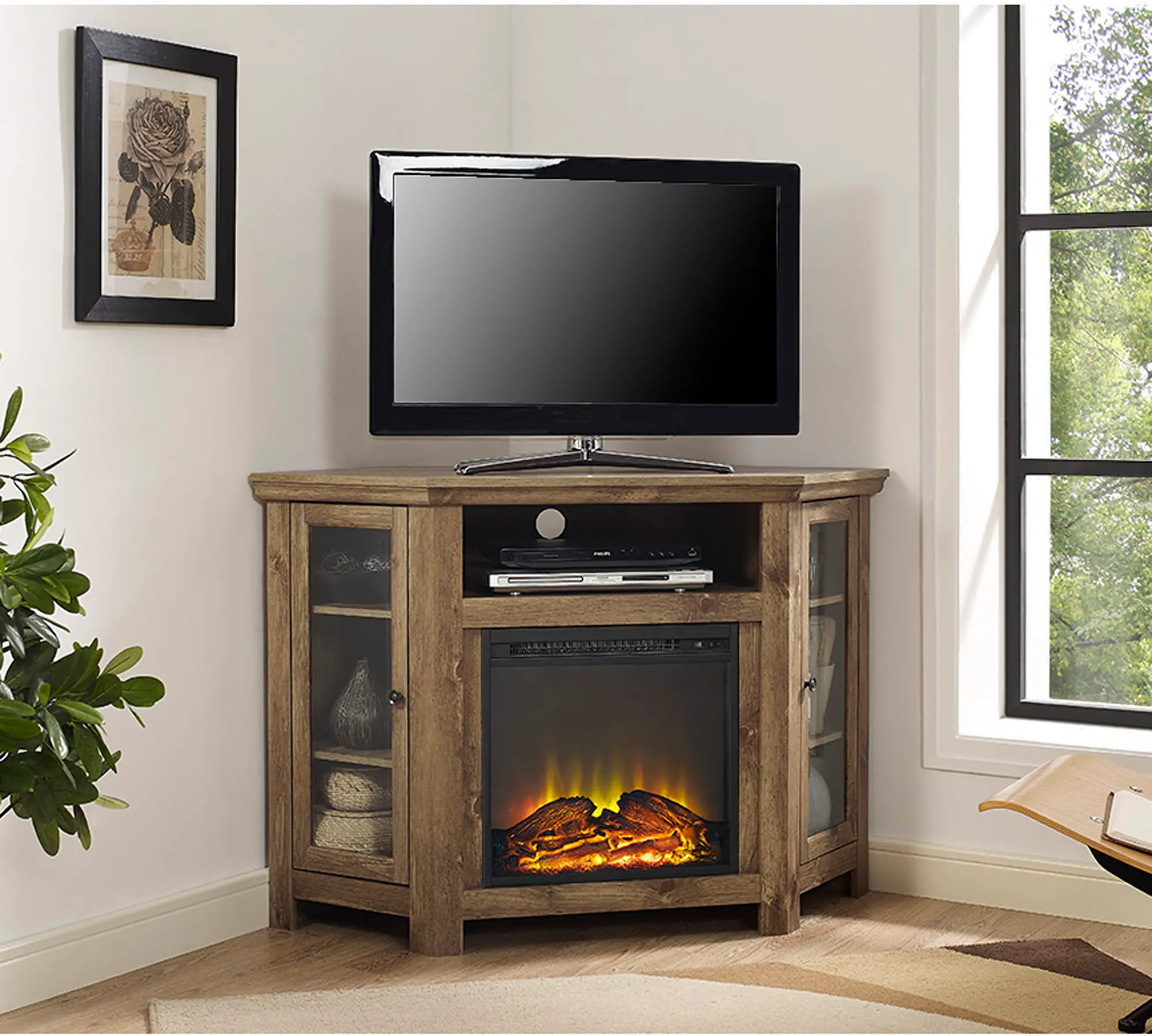 W48FPCRBW Keaton Barn Wood 48 Corner Fireplace TV Stand-1