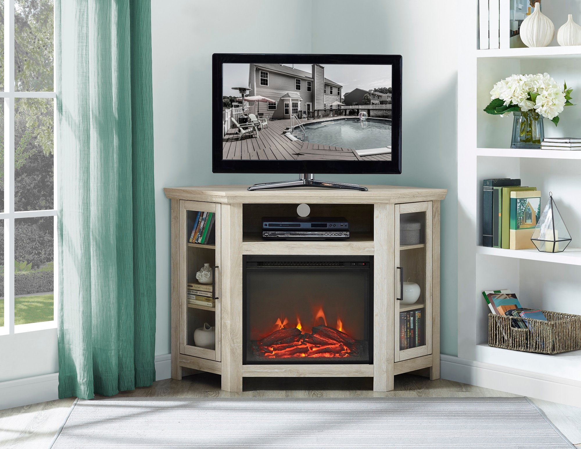 W48FPCRWO 48 Inch White Oak Corner TV Stand with Fireplace-1