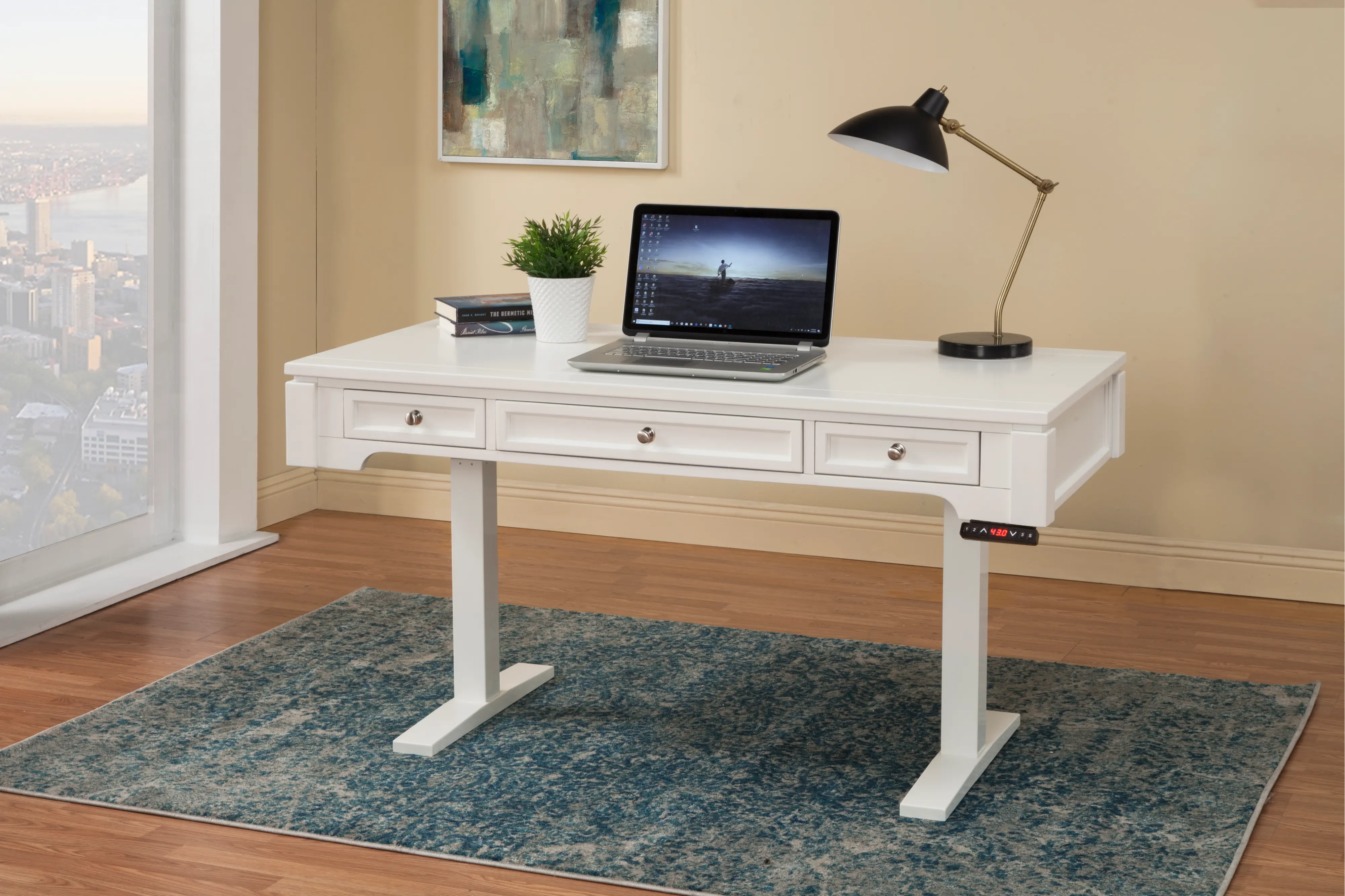 White Sit or Stand Office Desk - Powered-2
