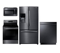 PACKAGE Samsung 4 Piece Electric Kitchen Appliance Package with French Door Refrigerator - Black Stainless Steel