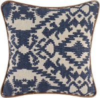 Indigo Blue Printed Linen Throw Pillow with Leather Piping