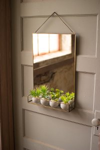 Brass Finish Rectangle Wall Mirror with Shelf and Chain