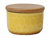 5 Inch Golden Yellow Ceramic Canister with Honeycomb Design and Wood Lid