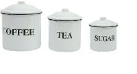 Distressed White Metal Enamelware Coffee, Tea and Sugar Containers 3 Piece Set