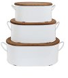 13 Inch White Decorative Metal Box With Wooden Lid and Handles