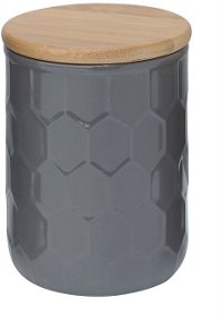6 Inch Gray Ceramic Canister with Wood Lid and Honeycomb Design
