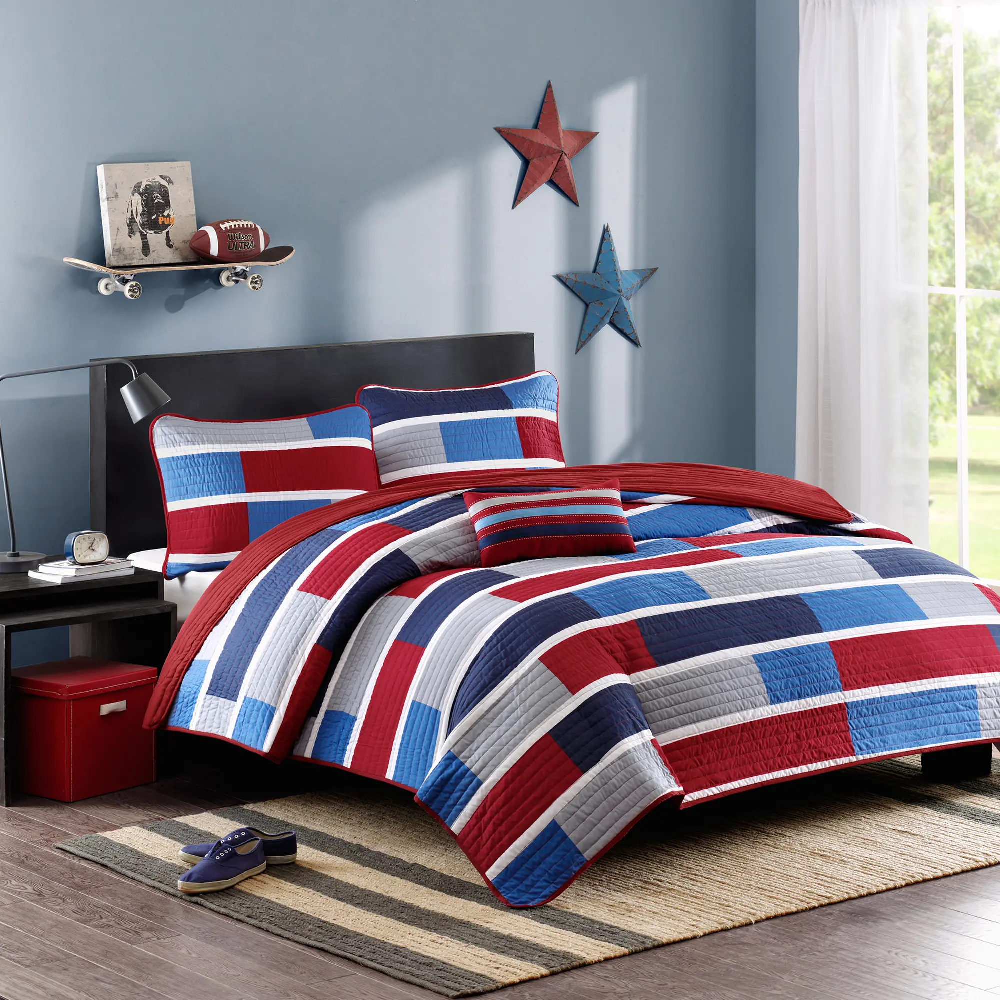Bradley Blue and Red Twin-Twin XL 3 Piece Bedding Collection-2