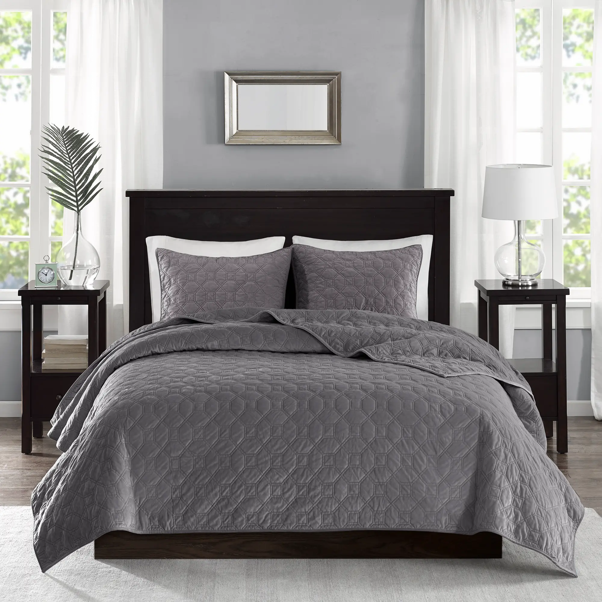 Harper Gray Velvet King 3 Piece Coverlet Bedding Collection-1