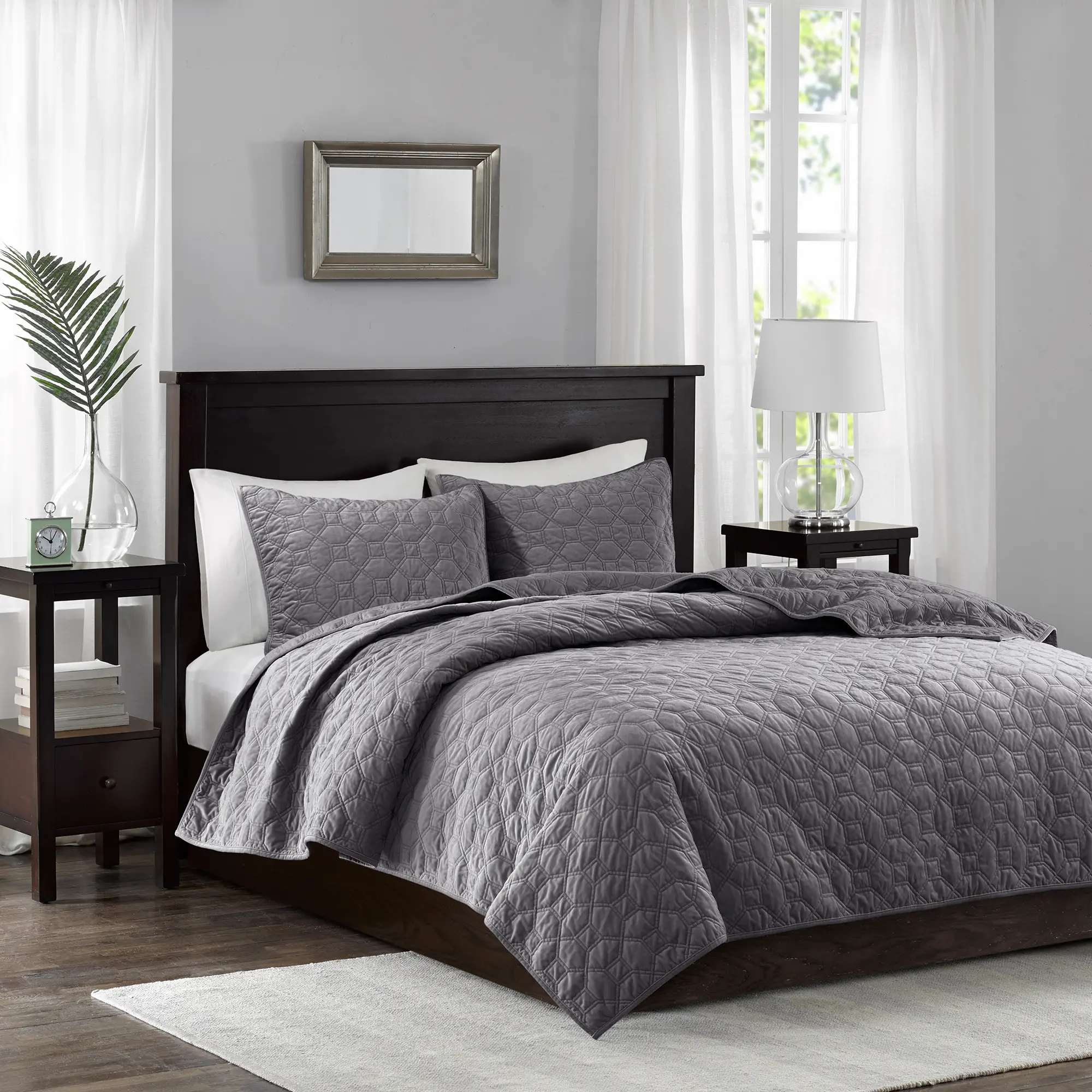 Harper Gray Velvet King 3 Piece Coverlet Bedding Collection-2