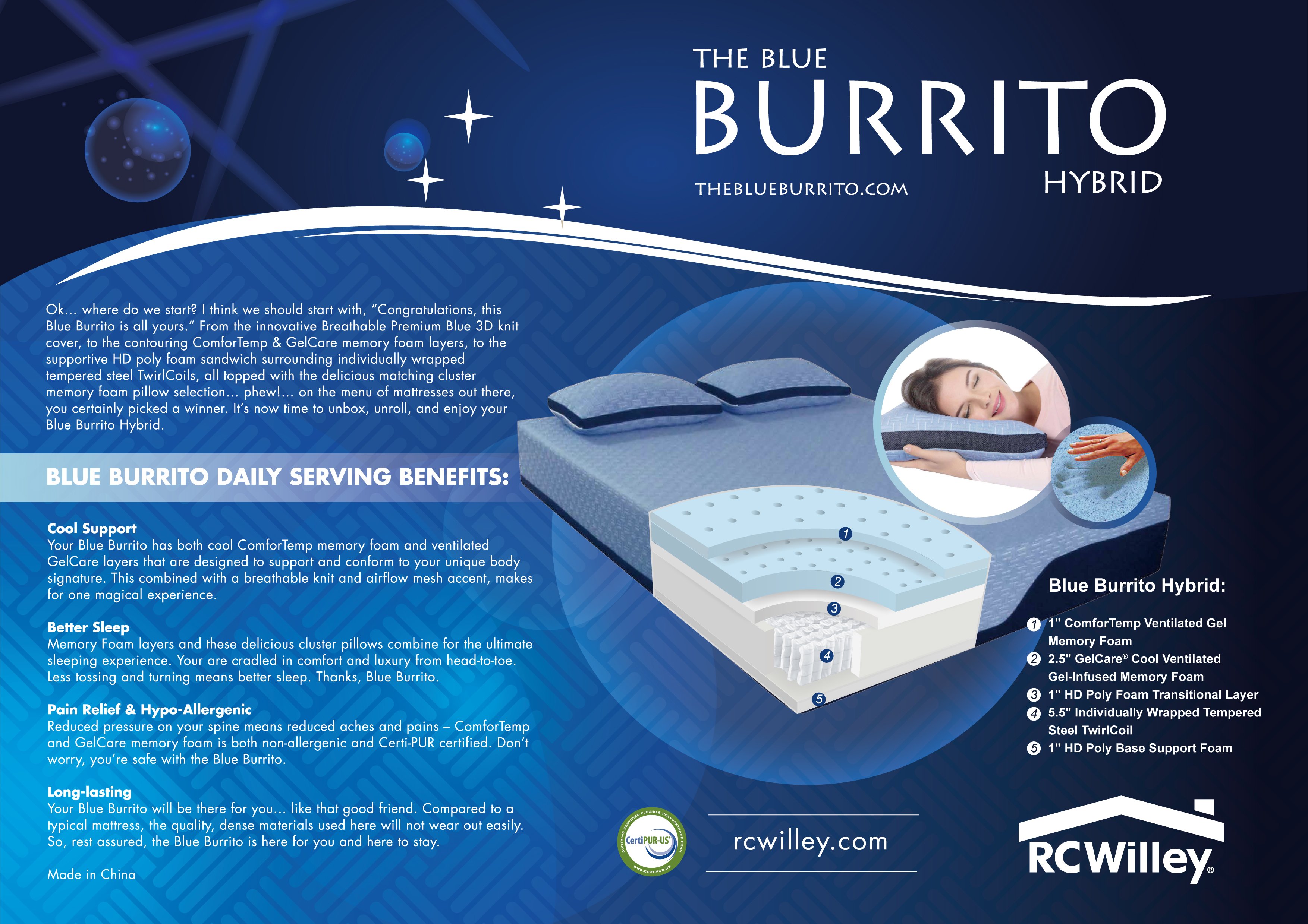 RCBB11HYFL Blue Burrito Hybrid Memory Foam Full Size Mattress-7