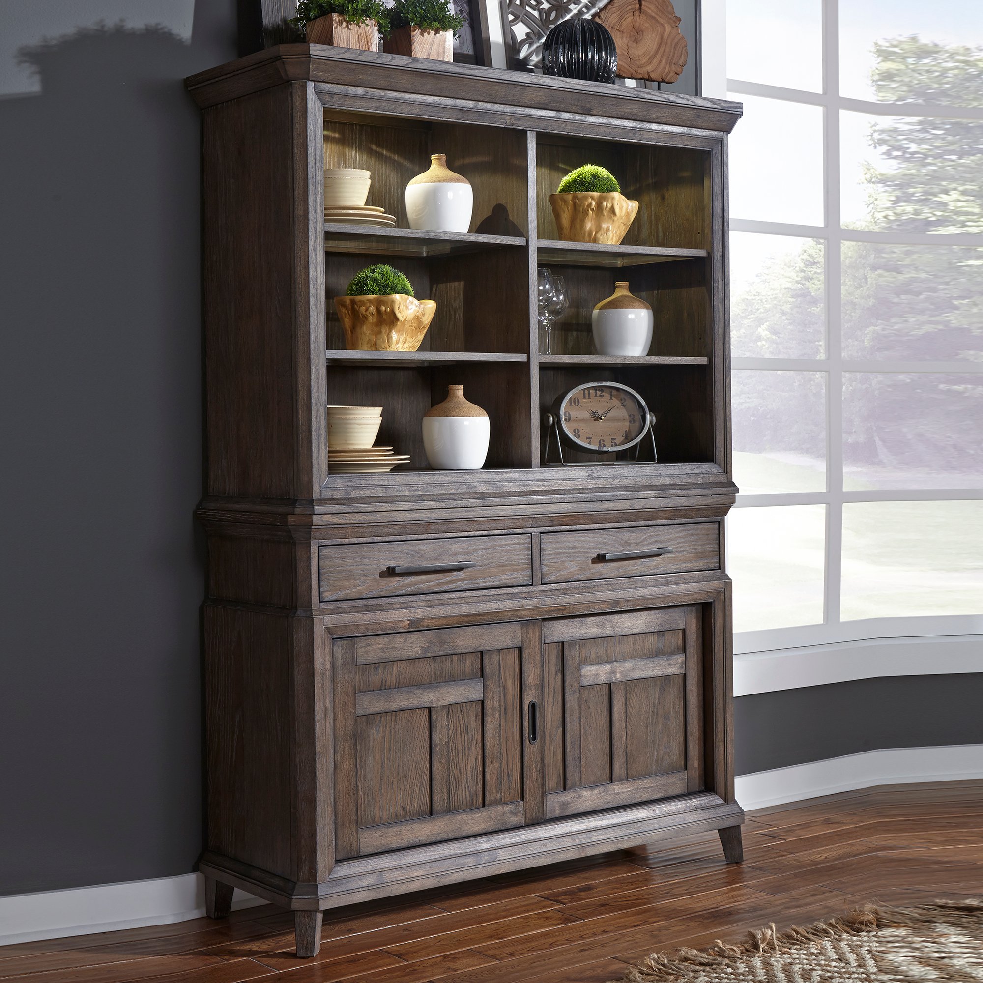 Classic Industrial Aged Oak China Cabinet with Hutch - Artisan Prairie-1
