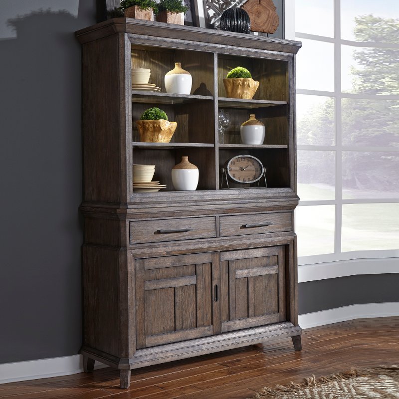 Classic Industrial Aged Oak China Cabinet With Hutch Artisan