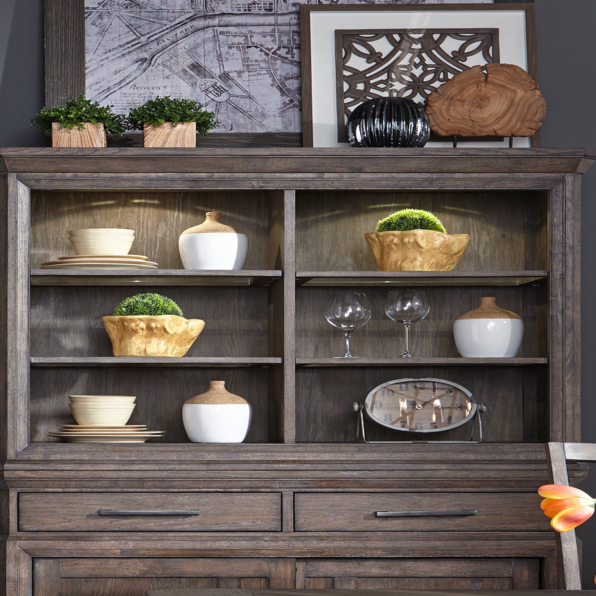 Classic Industrial Aged Oak China Cabinet with Hutch - Artisan Prairie-2