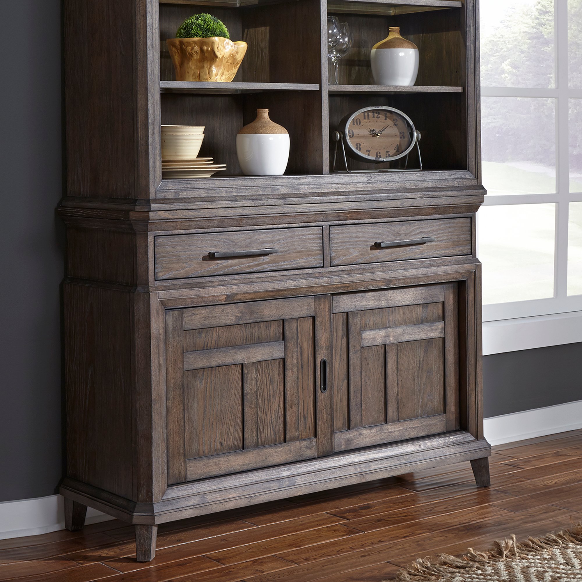 Classic Industrial Aged Oak China Cabinet with Hutch - Artisan Prairie-3