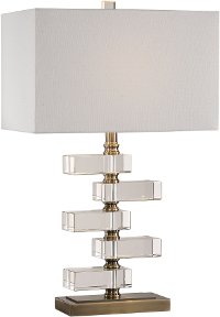 Stacked Clear Crystal Blocks and Brass Table Lamp