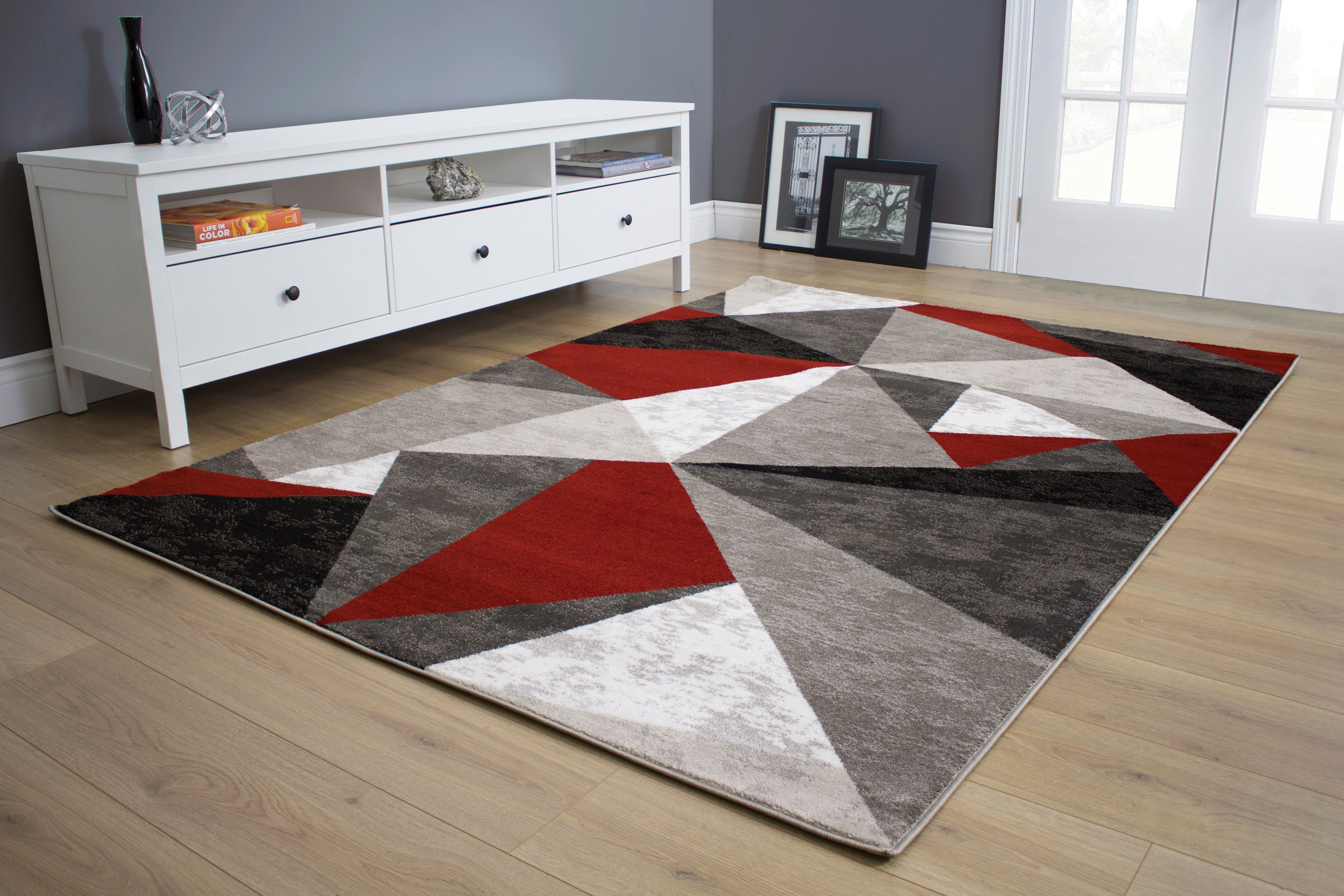 8 x 11 Large Gray, Red and White Area Rug - Platinum-2