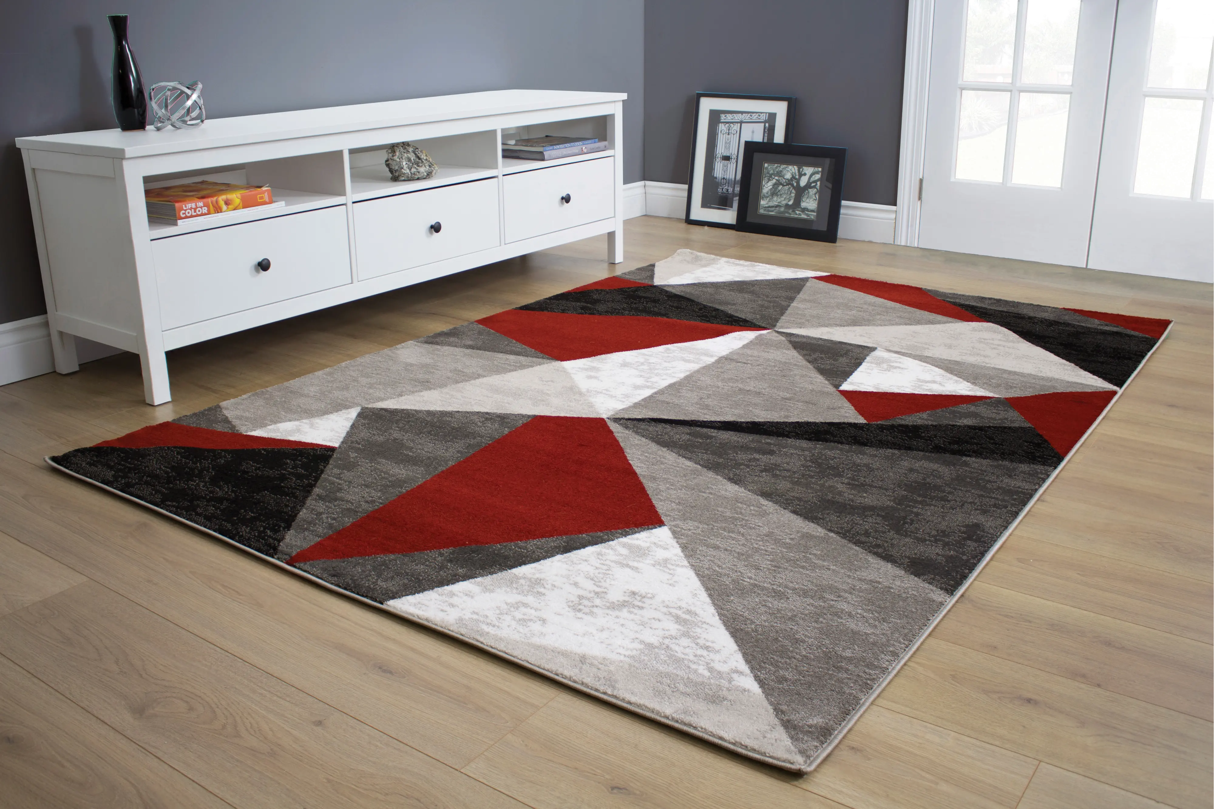 8 x 11 Large Gray, Red and White Area Rug - Platinum-2