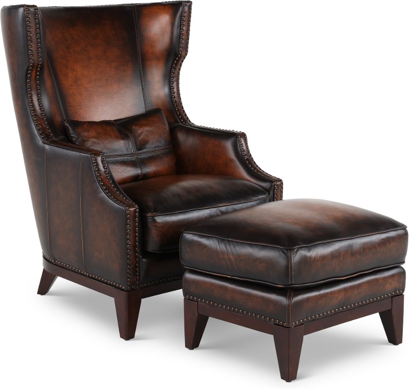 Hillsboro Brown Leather Accent Chair, Club Chair With Ottoman Leather