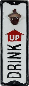 White, Black and Red Metal Drink Up Bottle Opener Wall Sign