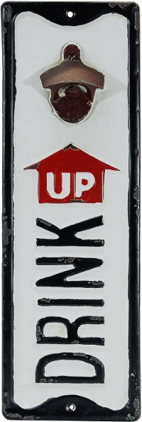 White, Black and Red Metal Drink Up Bottle Opener Wall Sign-1