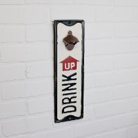 White, Black and Red Metal Drink Up Bottle Opener Wall Sign-2
