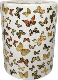 White Ceramic Garden Stool with Butterfly Pattern