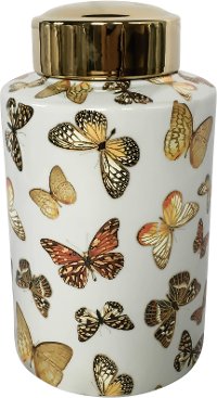 12 Inch White and Gold Butterfly Covered Jar