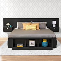 Modern Black Floating King Headboard with Nightstands - Series 9
