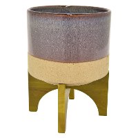 Iridescent Brown and Beige Planter On Wooden Stand