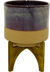 Iridescent Brown and Tan Round Planter On Wood Stand