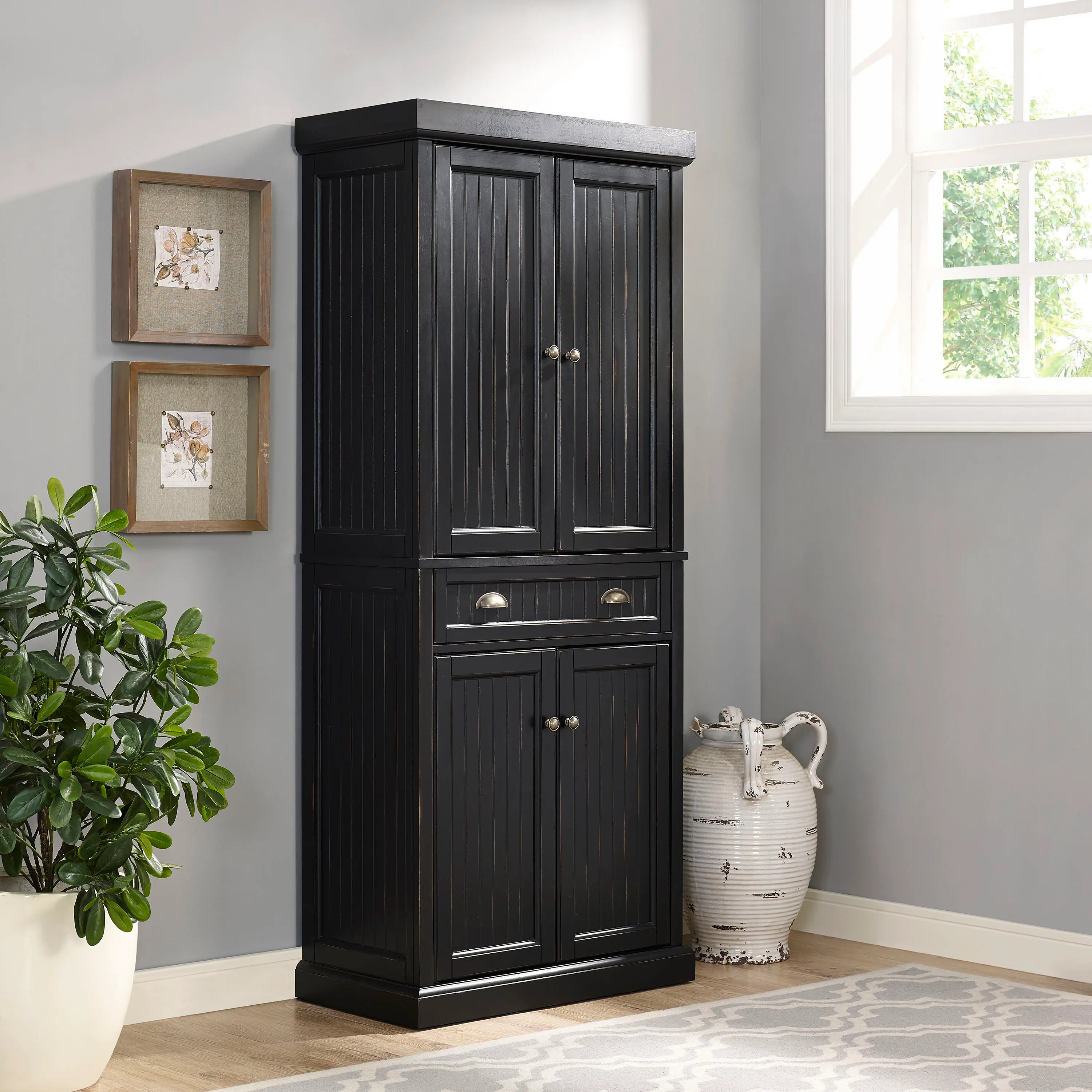 CF3103-BK Distressed Black Kitchen Pantry Cabinet - Seaside-1