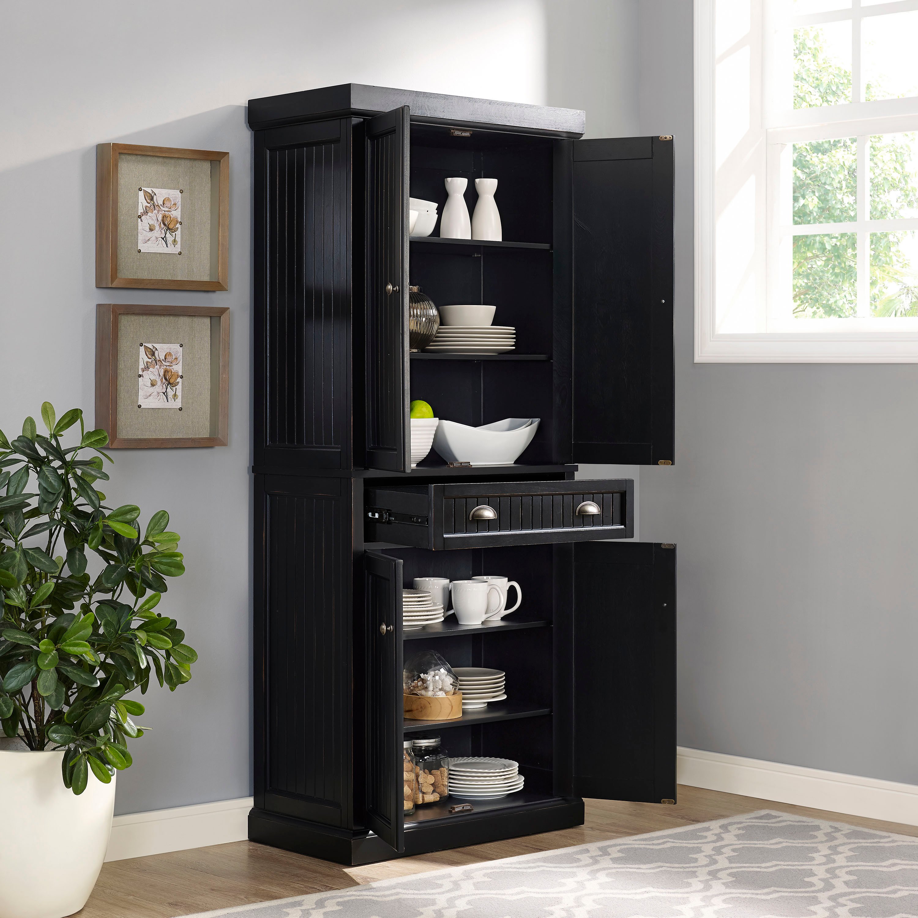 CF3103-BK Distressed Black Kitchen Pantry Cabinet - Seaside-2