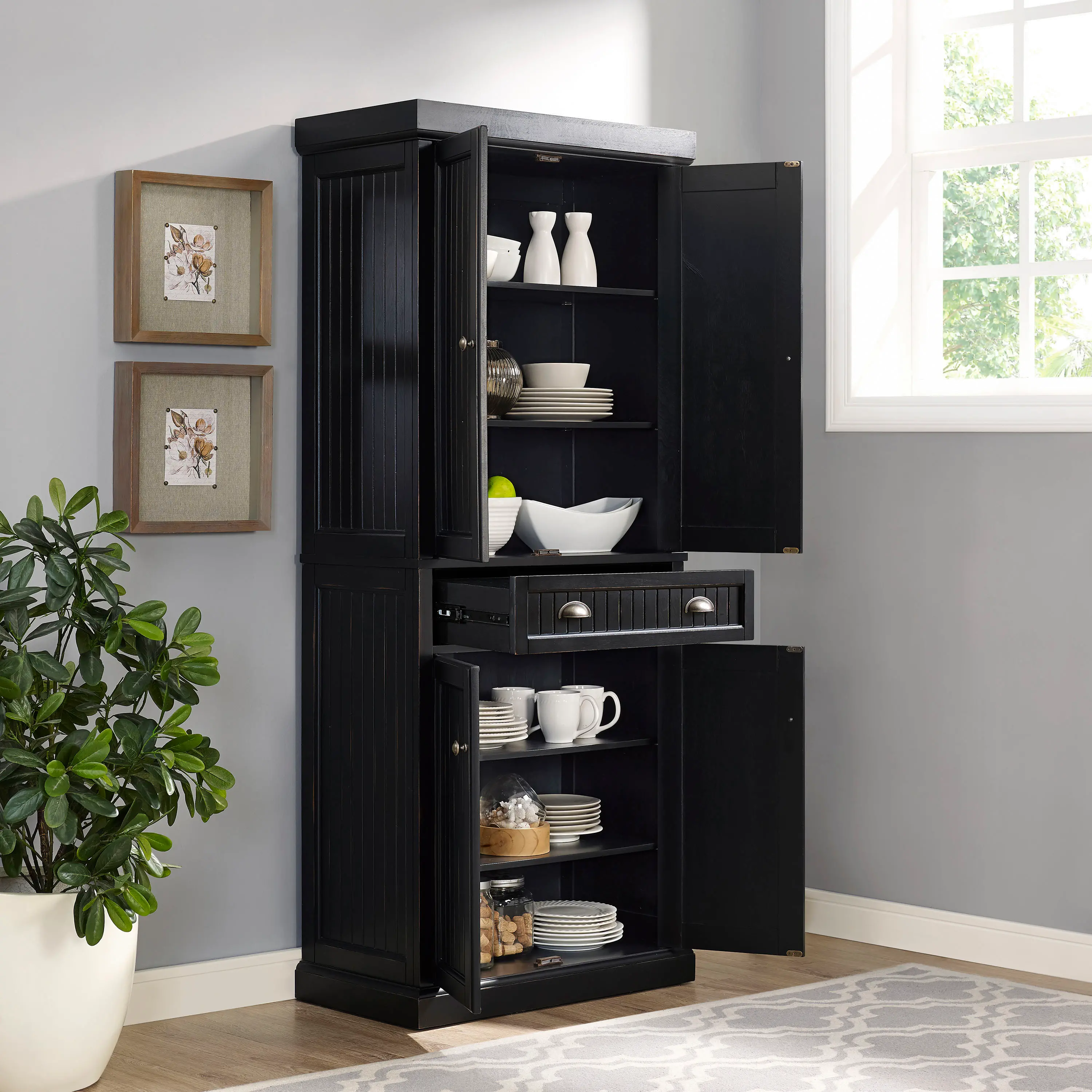 CF3103-BK Distressed Black Kitchen Pantry Cabinet - Seaside-2
