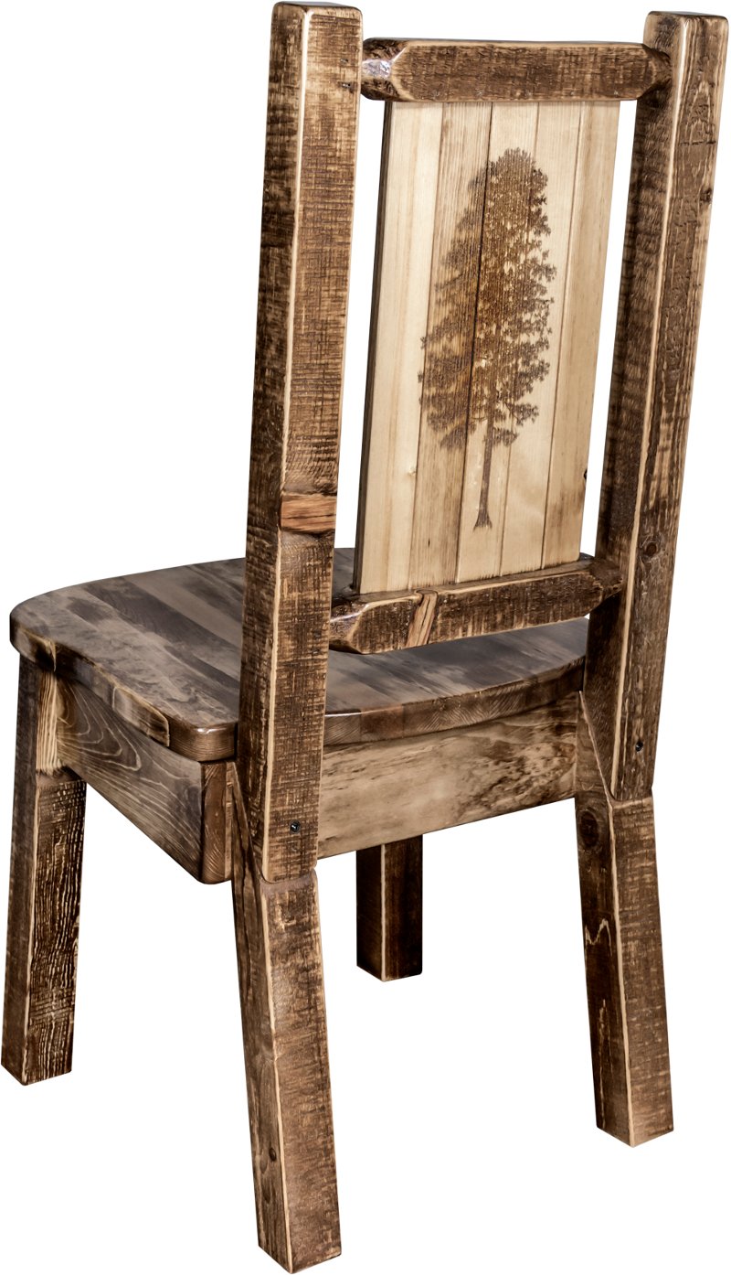 Rustic Laser Engraved Pine Tree Dining, Rustic Wooden Chairs