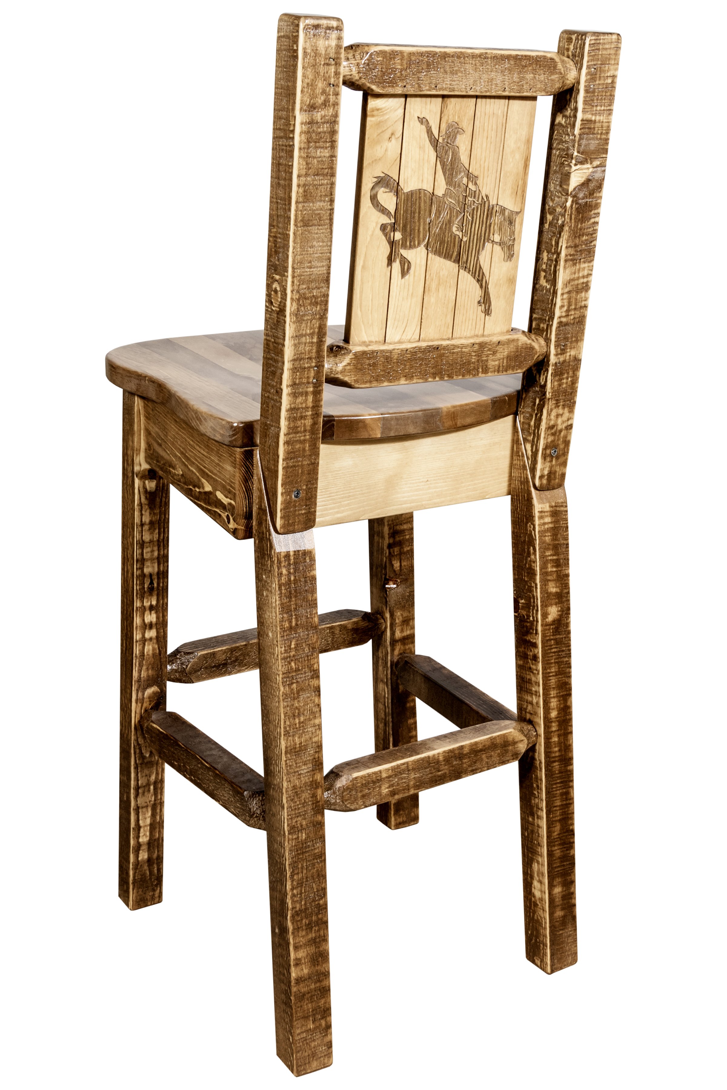 Rustic Wood Bar Stool with Laser Engraved Bronc - Homestead-1
