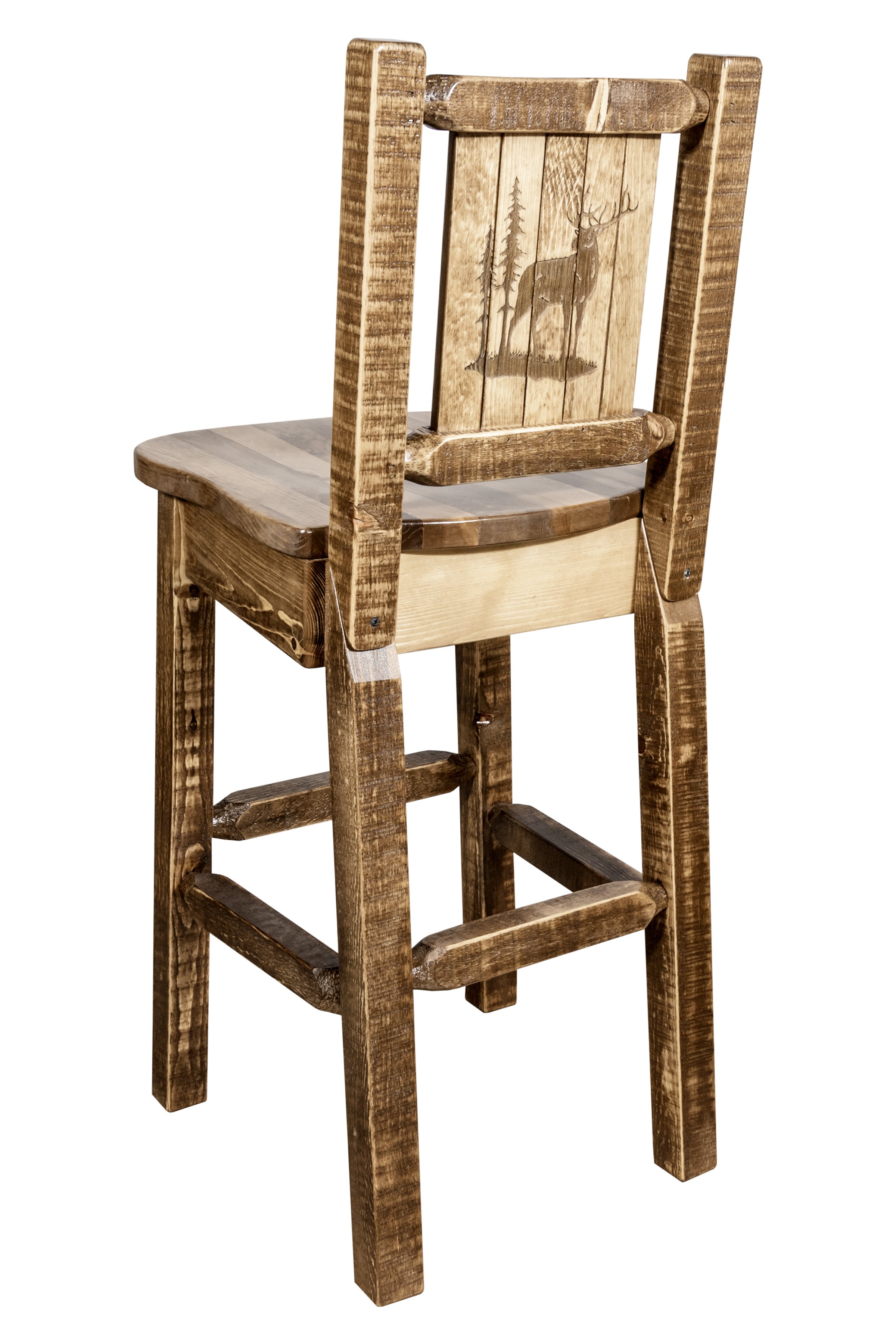 Rustic Wood Bar Stool with Laser Engraved Elk - Homestead-1