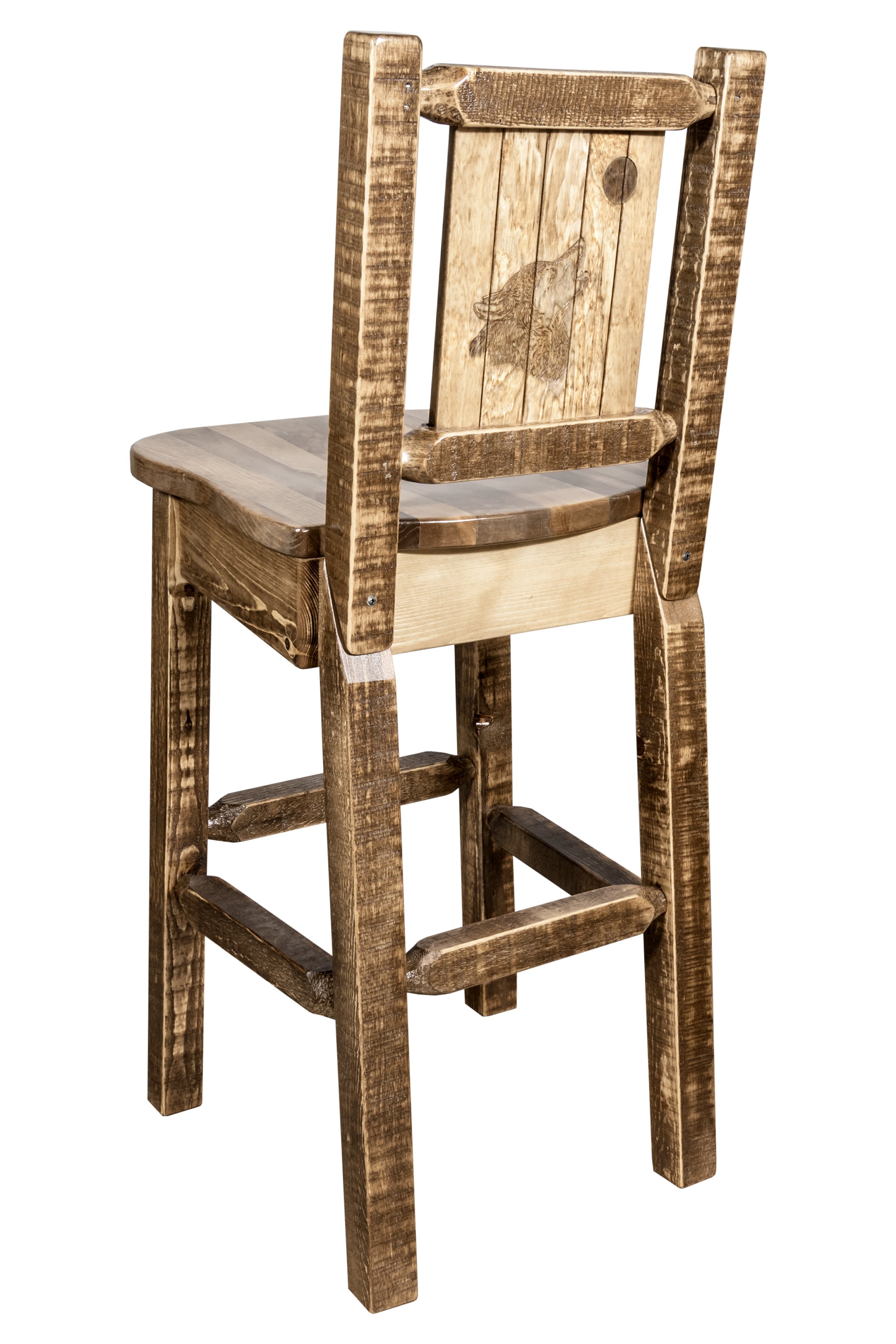 Rustic Wood Bar Stool with Laser Engraved Wolf - Homestead-1