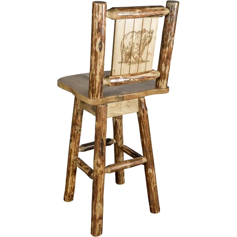 Rustic Pine Swivel Bar Stool with Laser Engraved Bear - Glacier